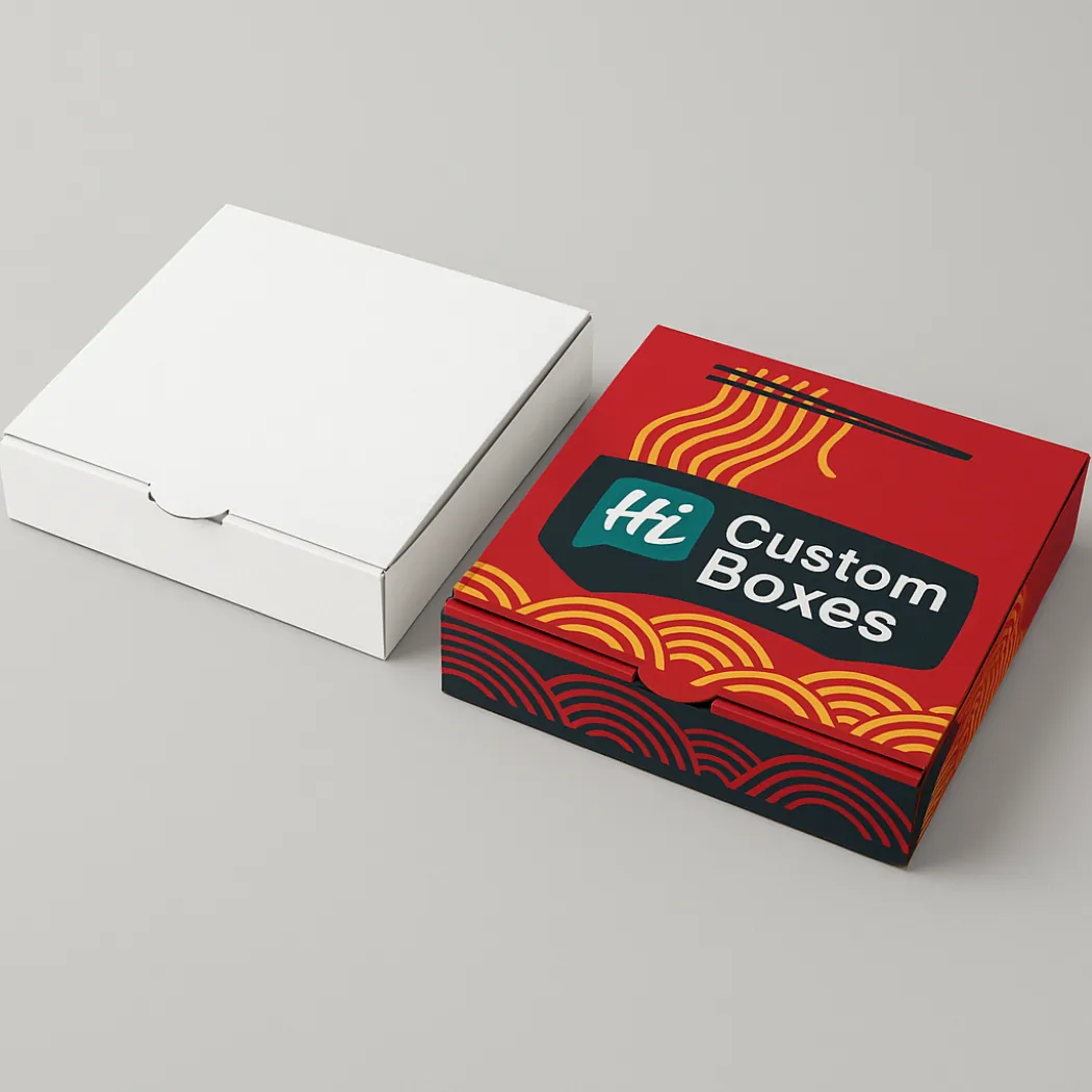 Square custom Chinese food boxes featuring a plain white design and a red branded noodle pattern- class=